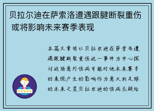 贝拉尔迪在萨索洛遭遇跟腱断裂重伤 或将影响未来赛季表现